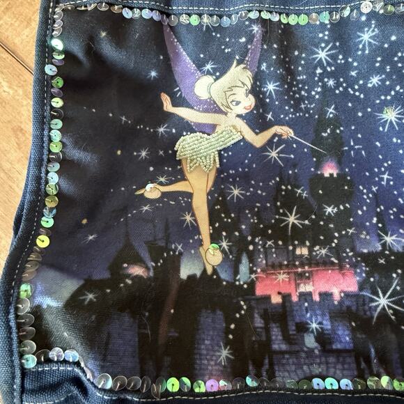 Disney Tinker Bell Tote Bag Blue Canvas Sequins Fairy Stars Castle Print Purse - Picture 2 of 7